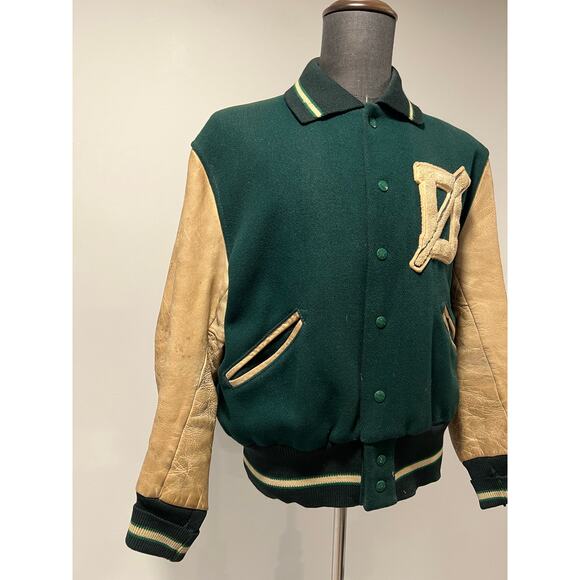 Men's Varsity Letterman Bomber Jacket Green Yellow D Dartmouth Rowing - Picture 3 of 15